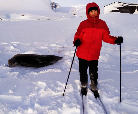 На лижах крізь білу тишу. На задньому плані – тюлень Ведделла та будиночок Ворді (фото Євгенія Прокопчука)